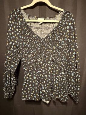 Smocked V-Neck Floral Peplum Top with Blue & Yellow Flowers